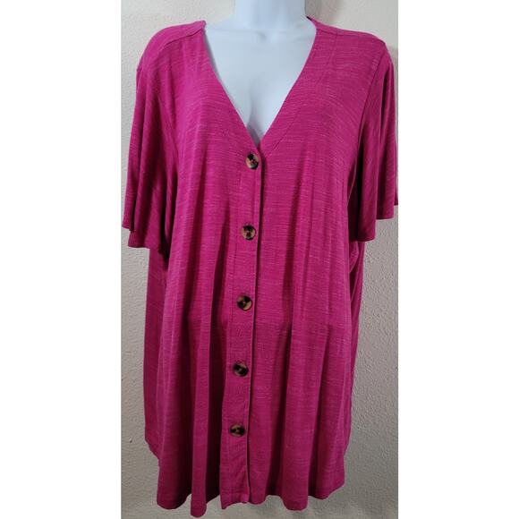 A.N.A Fuchsia Pink Slub Knit Button V Neck Top 3X Lightweight Soft Stretchy - Picture 1 of 6